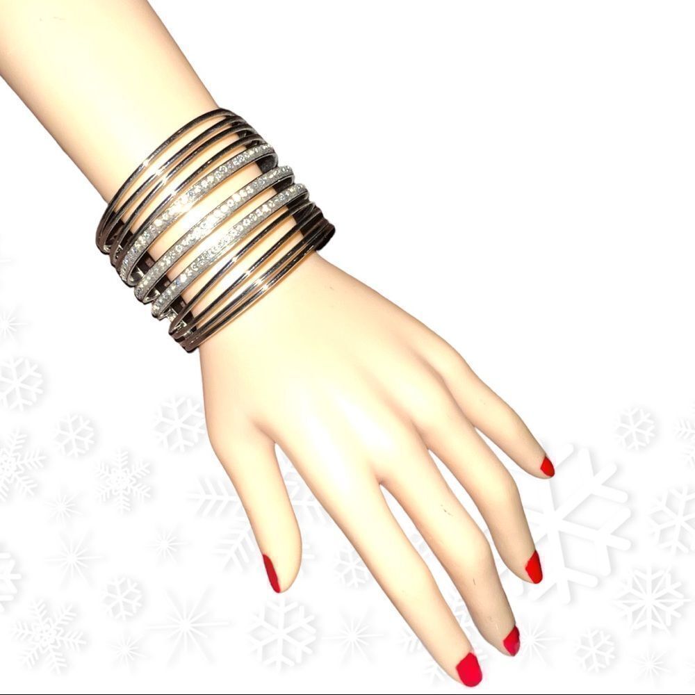 Silver Rhinestone Cuff Bangle With Multiple Layer… - image 1